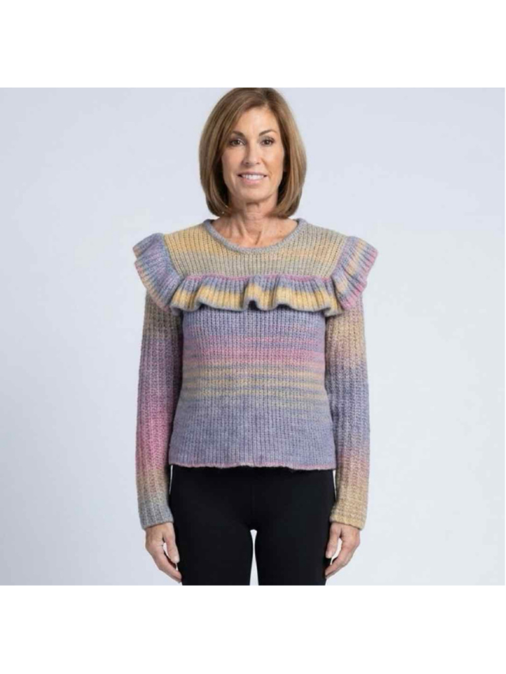 Love Shack Fancy Yumi Ruffle Rainbow Ombre Pullover Sweater, Large, Gently Worn